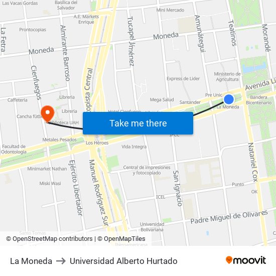 La Moneda to Universidad Alberto Hurtado map