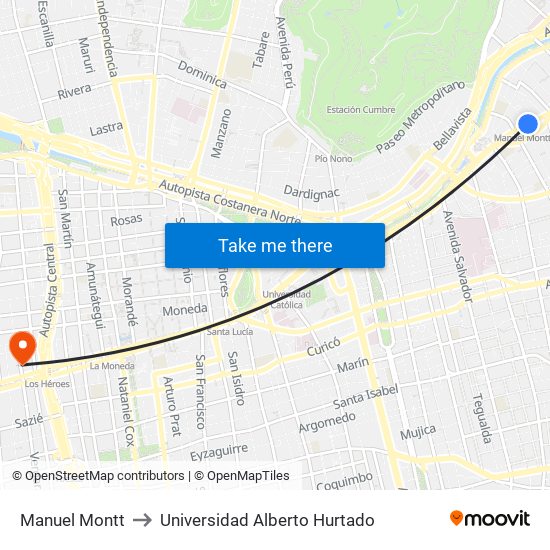 Manuel Montt to Universidad Alberto Hurtado map