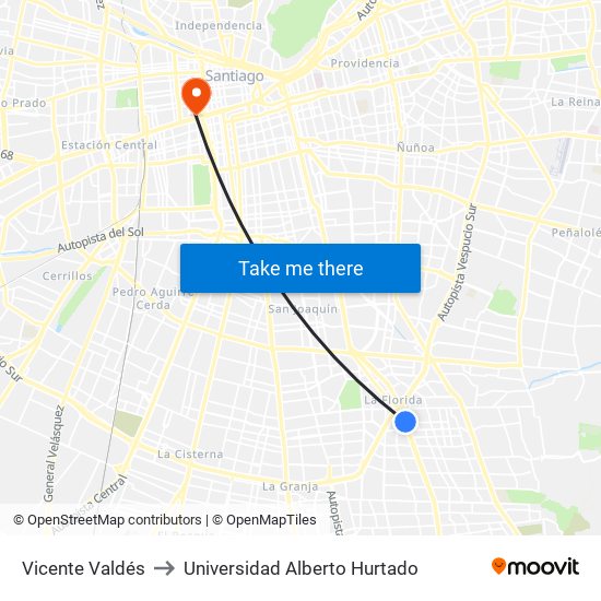 Vicente Valdés to Universidad Alberto Hurtado map