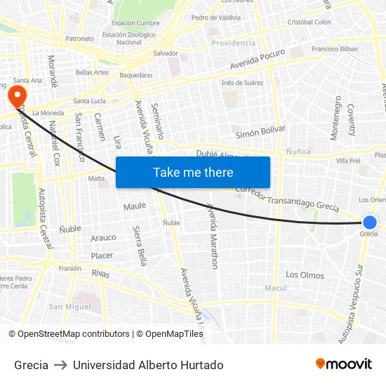 Grecia to Universidad Alberto Hurtado map