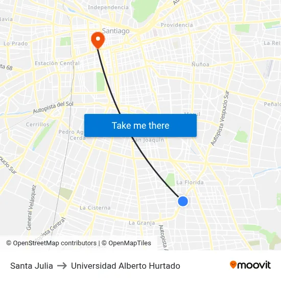 Santa Julia to Universidad Alberto Hurtado map