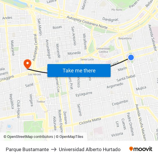 Parque Bustamante to Universidad Alberto Hurtado map