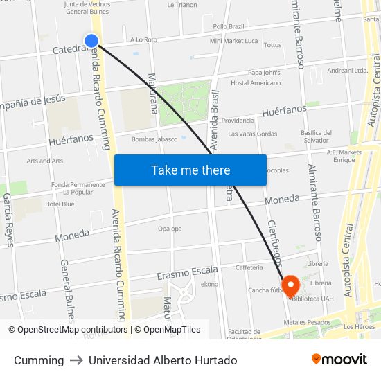 Cumming to Universidad Alberto Hurtado map