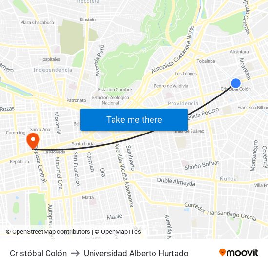 Cristóbal Colón to Universidad Alberto Hurtado map