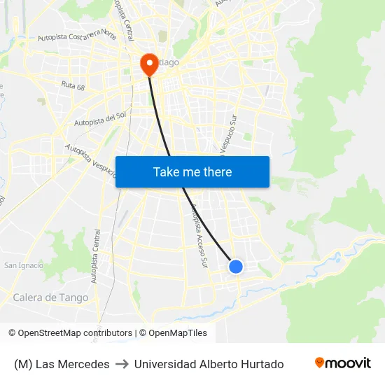 (M) Las Mercedes to Universidad Alberto Hurtado map