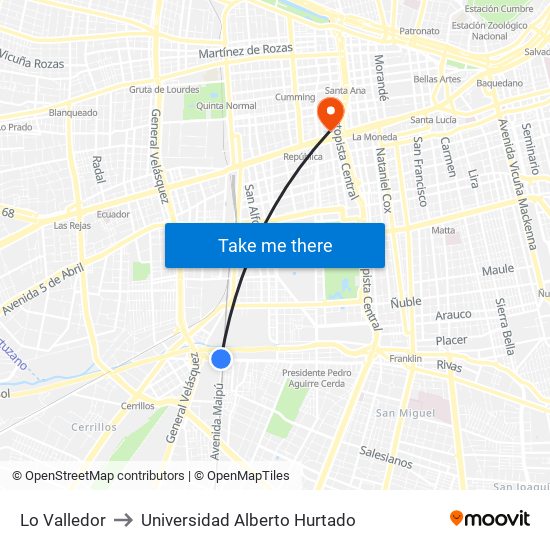 Lo Valledor to Universidad Alberto Hurtado map