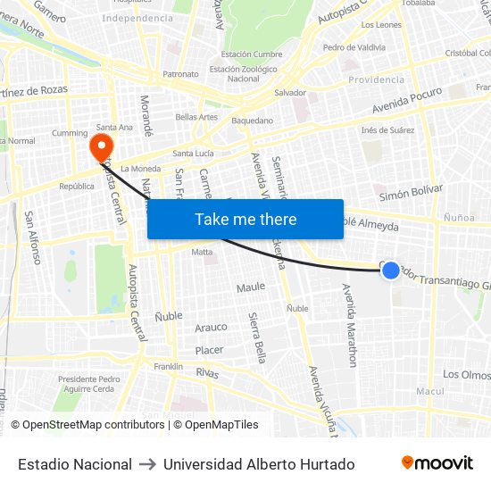 Estadio Nacional to Universidad Alberto Hurtado map