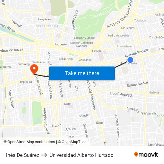 Inés De Suárez to Universidad Alberto Hurtado map
