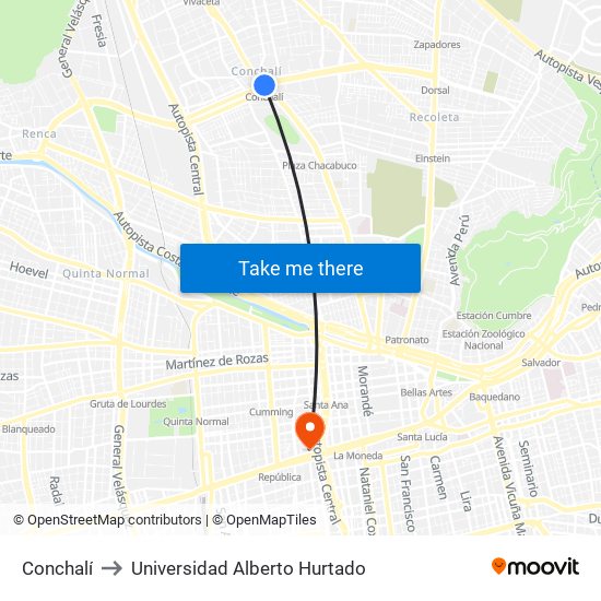 Conchalí to Universidad Alberto Hurtado map