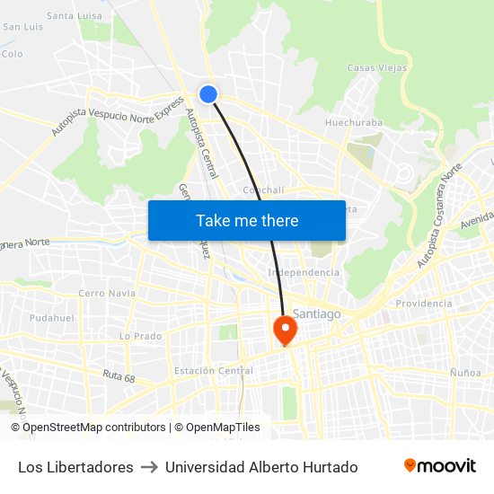 Los Libertadores to Universidad Alberto Hurtado map