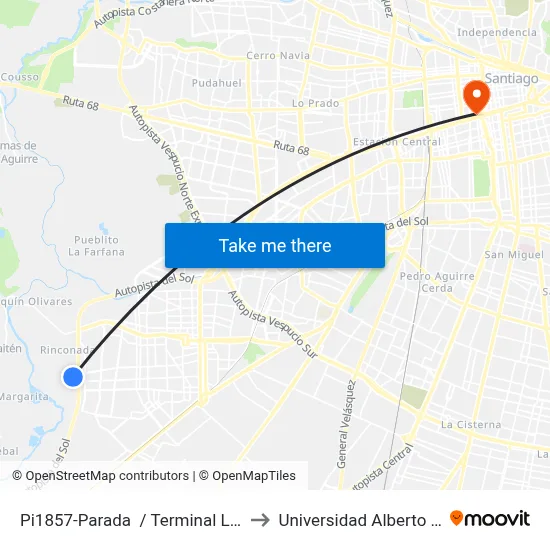 Pi1857-Parada  / Terminal   Las Acacias to Universidad Alberto Hurtado map
