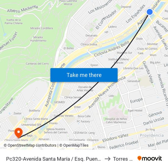 Pc320-Avenida Santa María / Esq. Puente Los Leones to Torres A Y B map