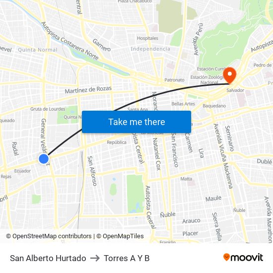 San Alberto Hurtado to Torres A Y B map