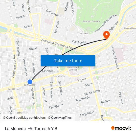 La Moneda to Torres A Y B map