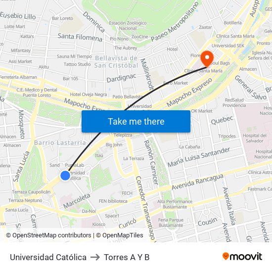 Universidad Católica to Torres A Y B map