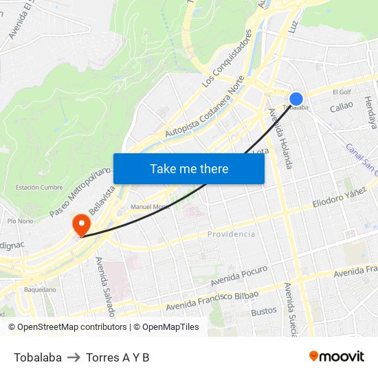 Tobalaba to Torres A Y B map