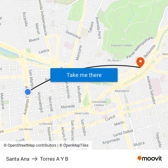 Santa Ana to Torres A Y B map