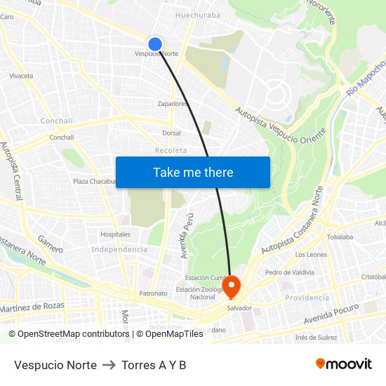 Vespucio Norte to Torres A Y B map