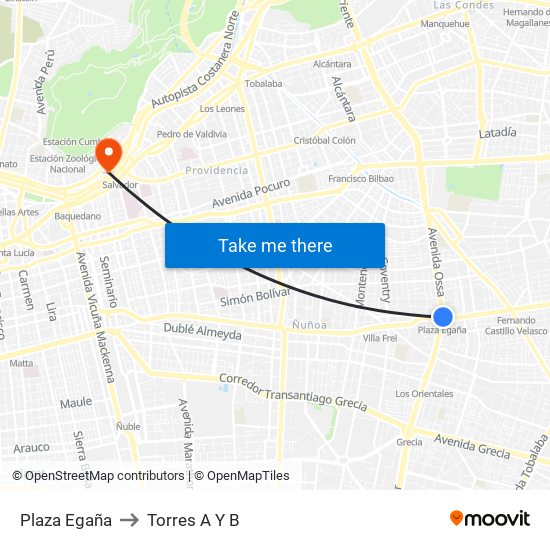 Plaza Egaña to Torres A Y B map