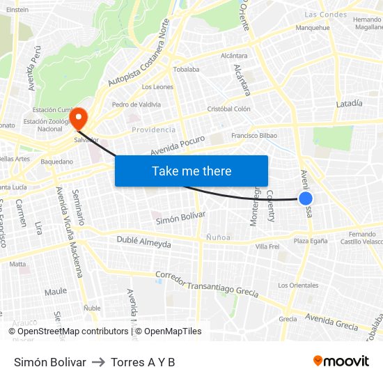 Simón Bolivar to Torres A Y B map