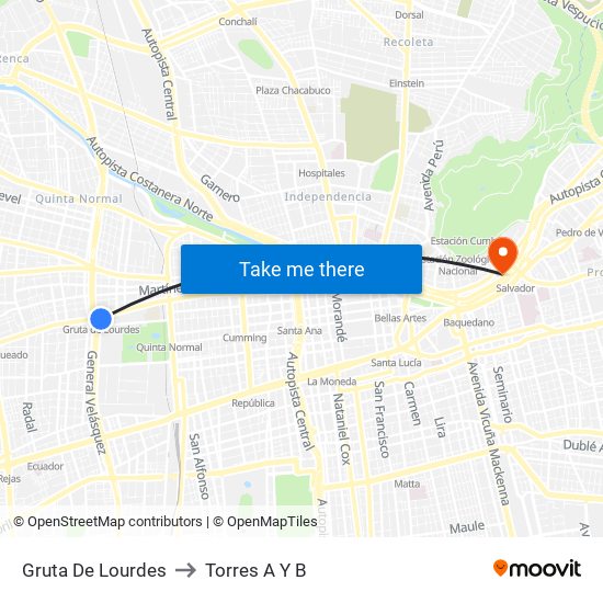 Gruta De Lourdes to Torres A Y B map