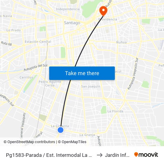 Pg1583-Parada / Est. Intermodal La Cisterna to Jardín Infantil map