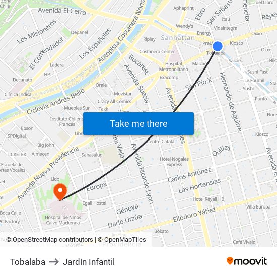 Tobalaba to Jardín Infantil map