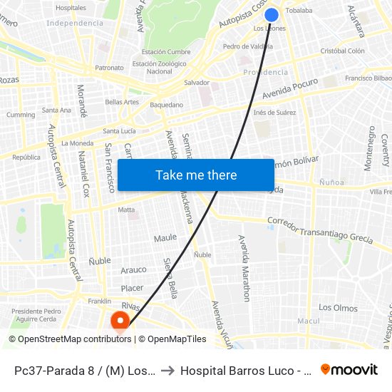 Pc37-Parada 8 / (M) Los Leones to Hospital Barros Luco - Trudeau map