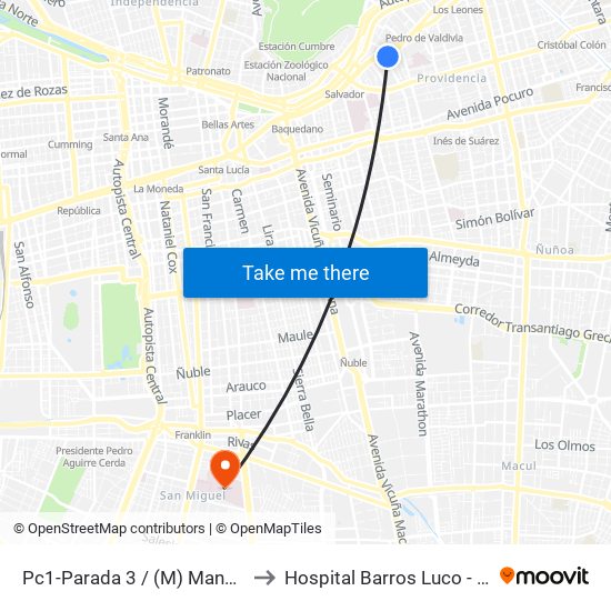 Pc1-Parada 3 / (M) Manuel Montt to Hospital Barros Luco - Trudeau map