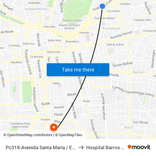 Pc318-Avenida Santa María / Esq. Av. Pedro De Valdivia to Hospital Barros Luco - Trudeau map