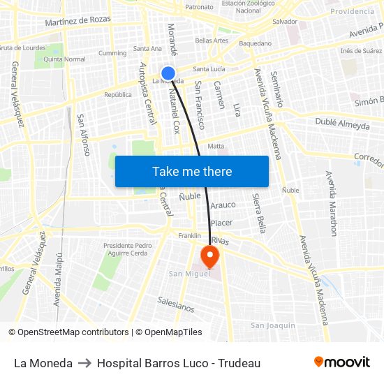 La Moneda to Hospital Barros Luco - Trudeau map