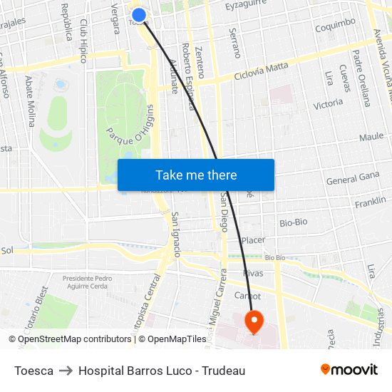 Toesca to Hospital Barros Luco - Trudeau map