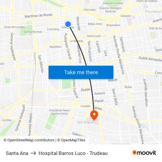 Santa Ana to Hospital Barros Luco - Trudeau map