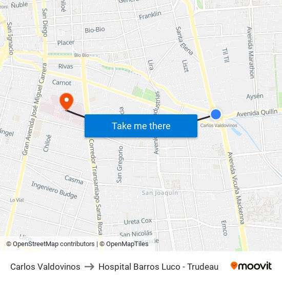 Carlos Valdovinos to Hospital Barros Luco - Trudeau map