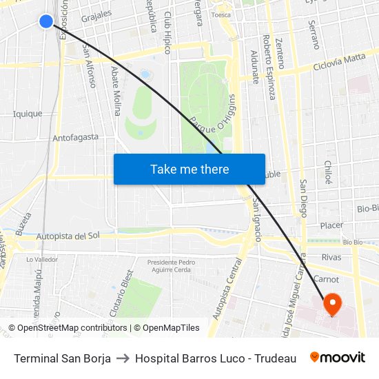 Terminal San Borja to Hospital Barros Luco - Trudeau map