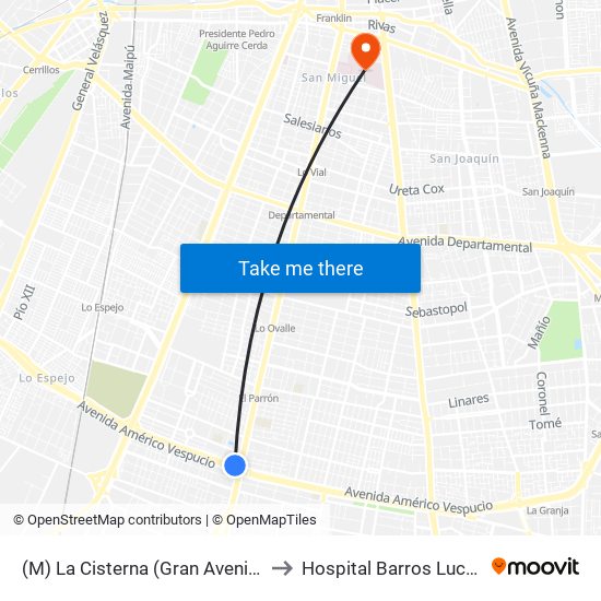 (M) La Cisterna (Gran Avenida, Parad. 25) to Hospital Barros Luco - Trudeau map