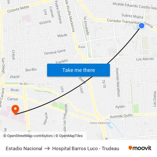 Estadio Nacional to Hospital Barros Luco - Trudeau map