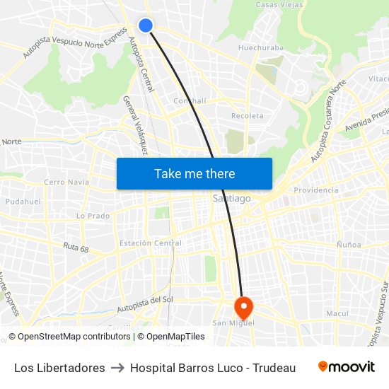 Los Libertadores to Hospital Barros Luco - Trudeau map