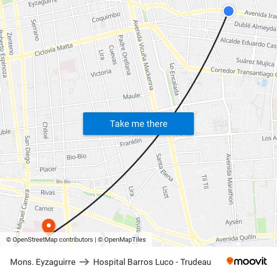 Mons. Eyzaguirre to Hospital Barros Luco - Trudeau map