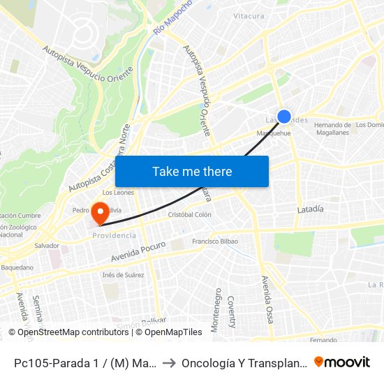 Pc105-Parada 1 / (M) Manquehue to Oncología Y Transplante (Troi) map