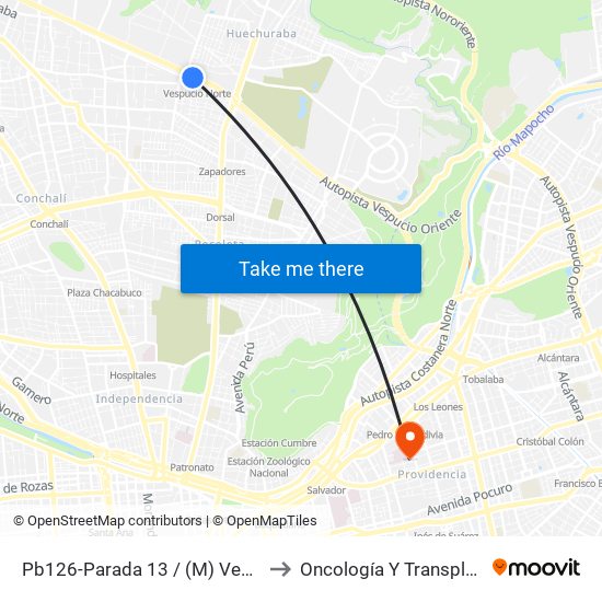 Pb126-Parada 13 / (M) Vespucio Norte to Oncología Y Transplante (Troi) map