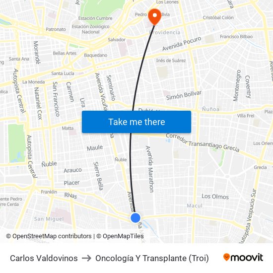 Carlos Valdovinos to Oncología Y Transplante (Troi) map