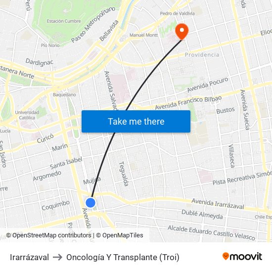 Irarrázaval to Oncología Y Transplante (Troi) map