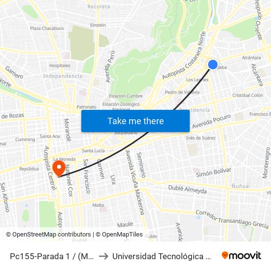 Pc155-Parada 1 / (M) Tobalaba to Universidad Tecnológica Metropolitana map