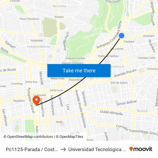 Pc1125-Parada / Costanera Center to Universidad Tecnológica Metropolitana map