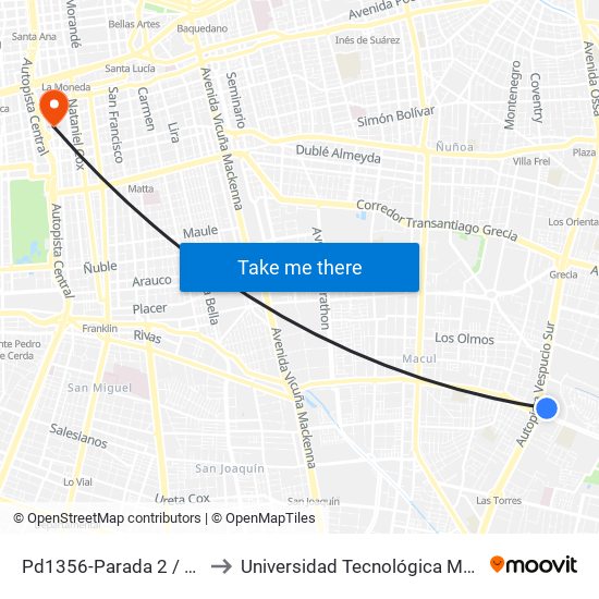 Pd1356-Parada 2 / (M) Quilín to Universidad Tecnológica Metropolitana map