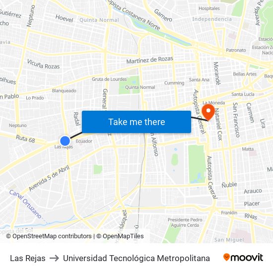 Las Rejas to Universidad Tecnológica Metropolitana map