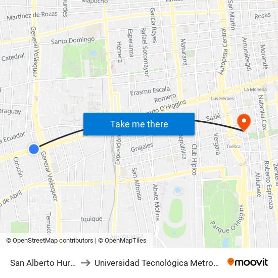 San Alberto Hurtado to Universidad Tecnológica Metropolitana map