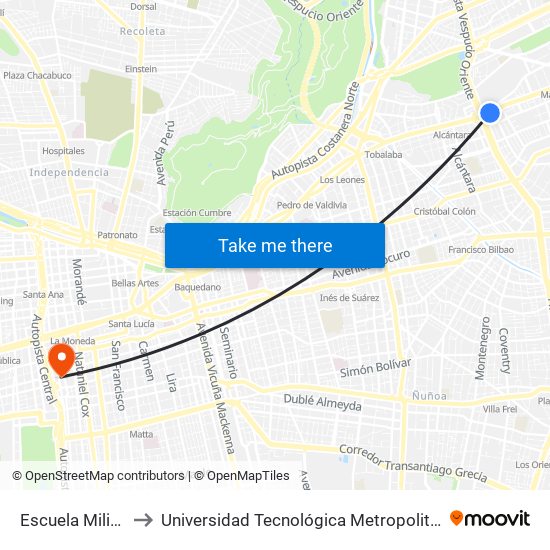 Escuela Militar to Universidad Tecnológica Metropolitana map