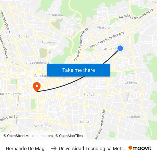 Hernando De Magallanes to Universidad Tecnológica Metropolitana map